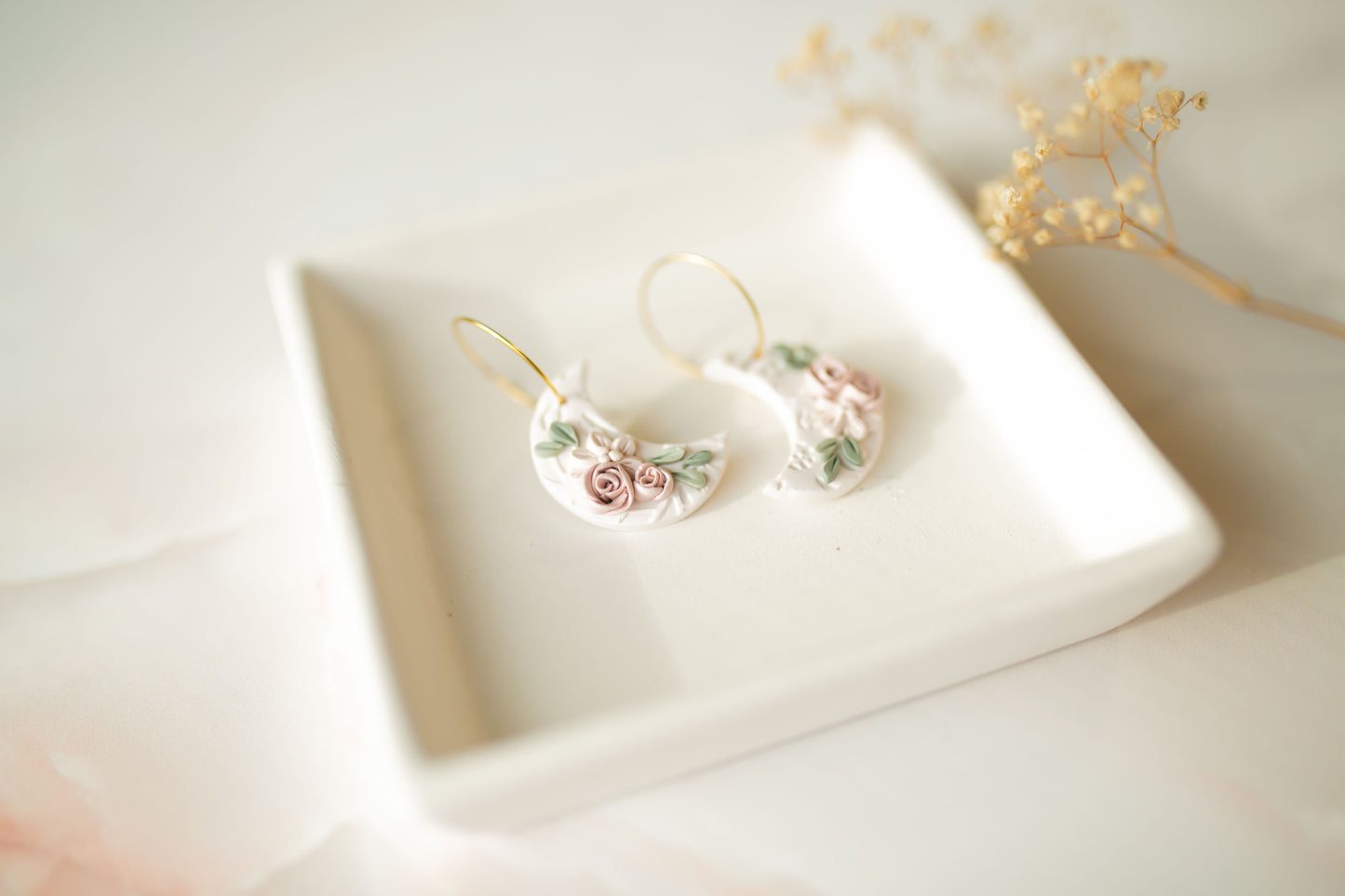 Clay earring | floral moons | pink collection