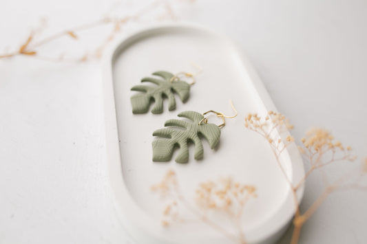 Clay earrings | sage green monstera