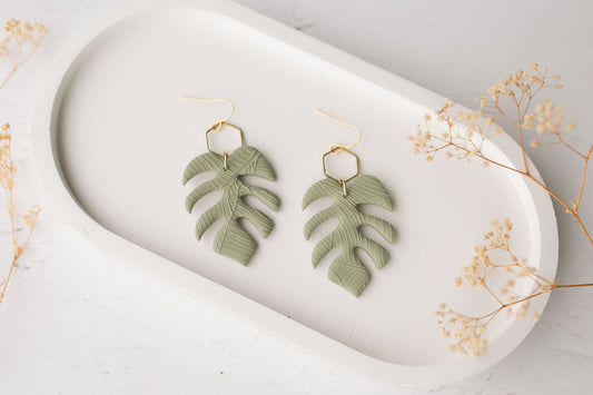 Clay earrings | sage green monstera