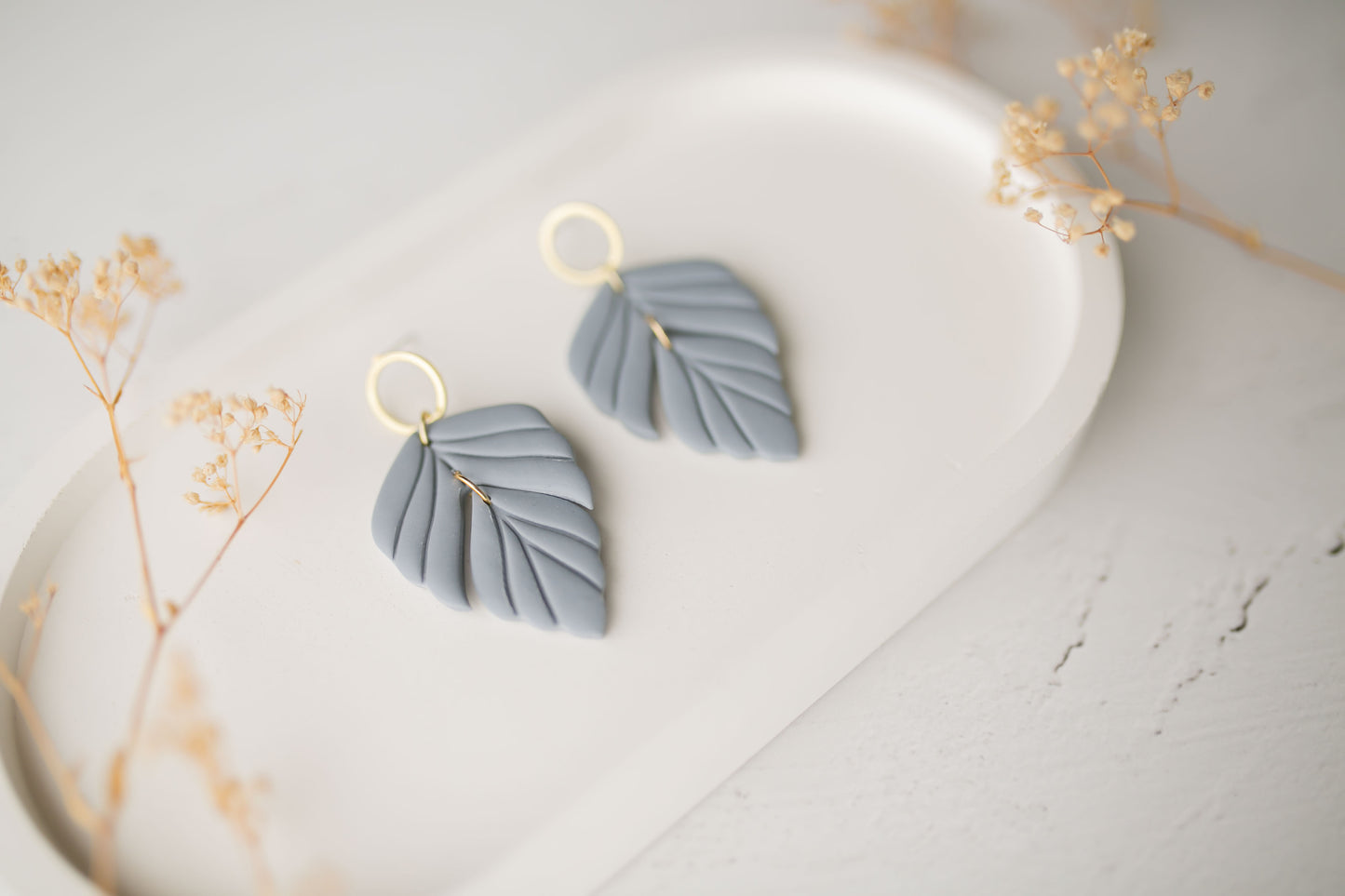 Clay earrings | dusty blue leaves