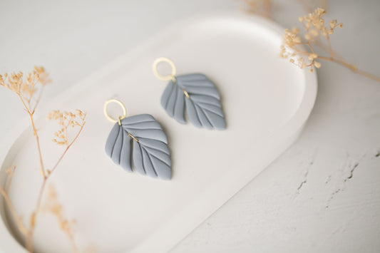 Clay earrings | dusty blue leaves