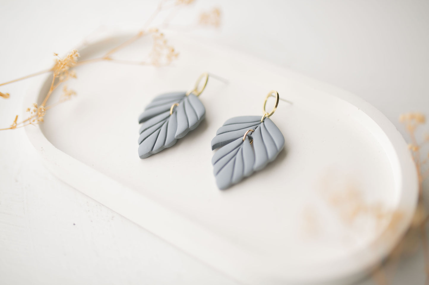 Clay earrings | dusty blue leaves