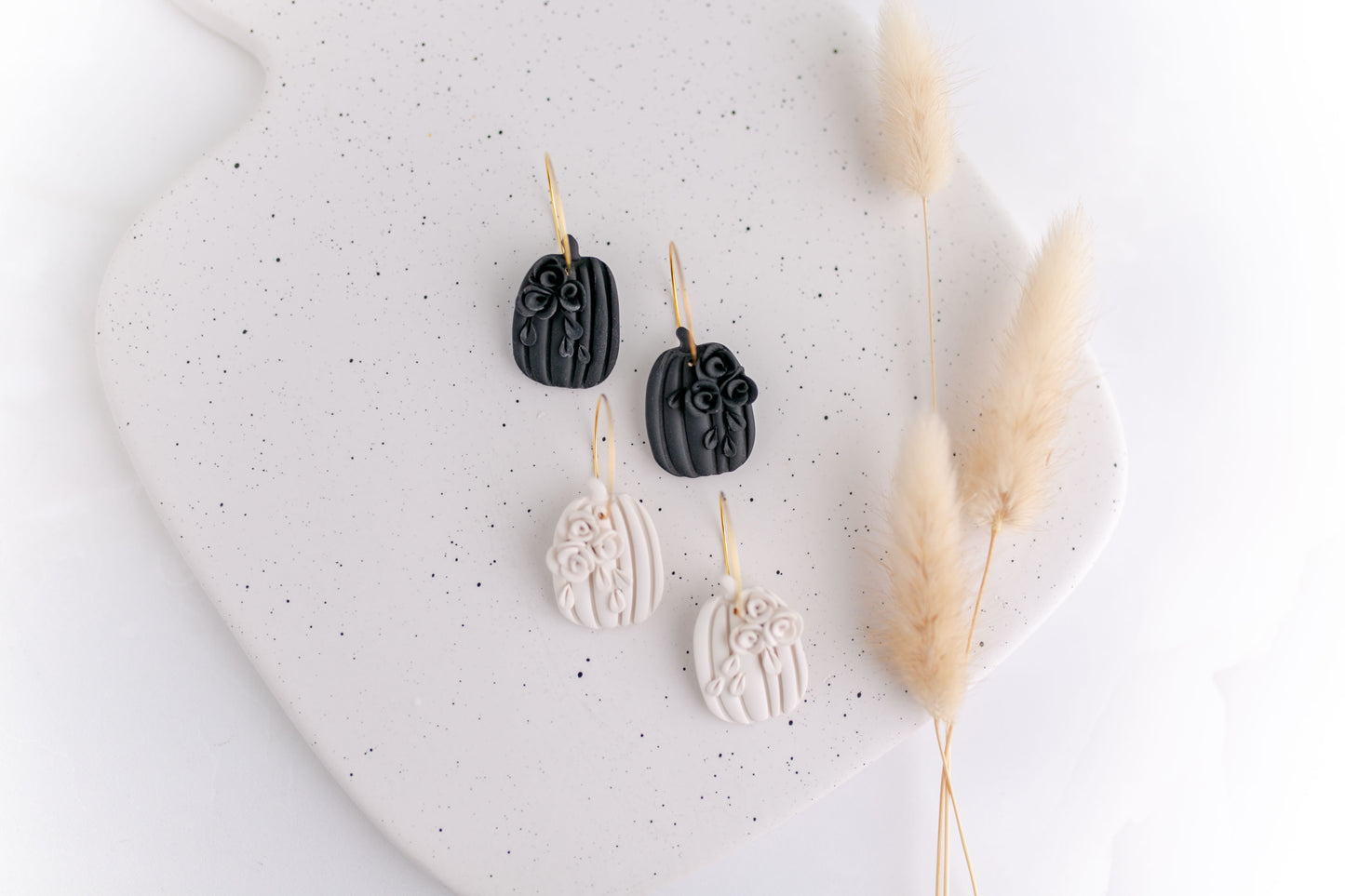 Clay earring | Monochrome Floral Pumpkin Hoops | Fall Collection