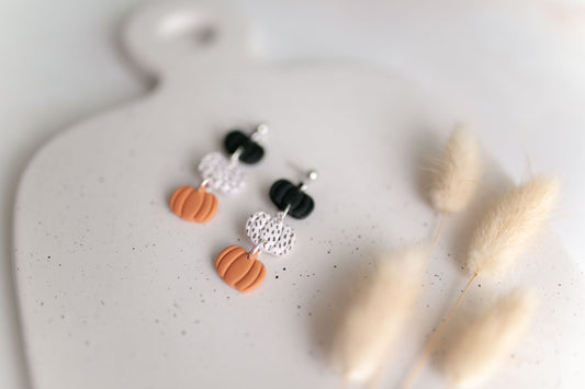 Clay earring | Polka Dot Pumpkin Trio Dangles | Fall Collection