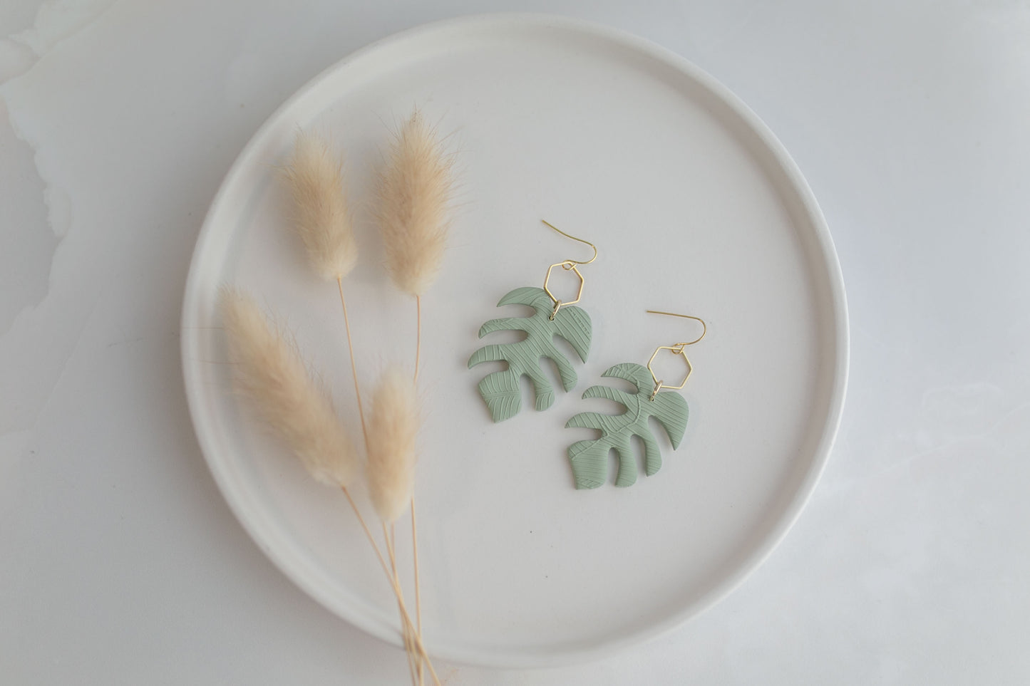 Clay earring | sage green monstera dangles | spring collection