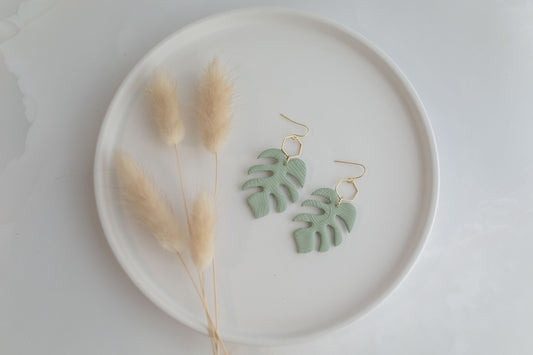 Clay earring | sage green monstera dangles | spring collection