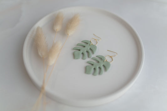 Clay earring | sage green monstera dangles | spring collection