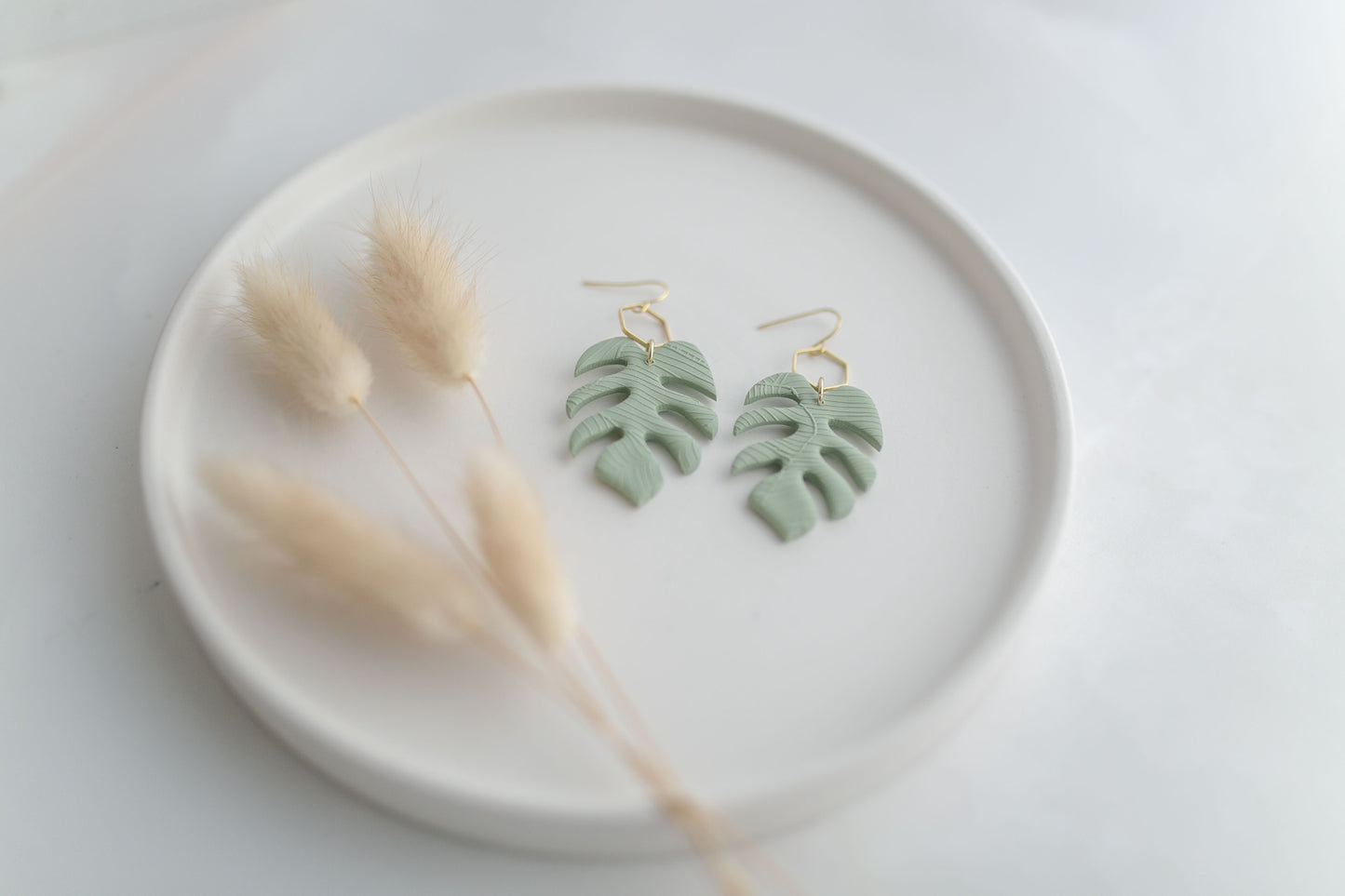 Clay earring | sage green monstera dangles | spring collection