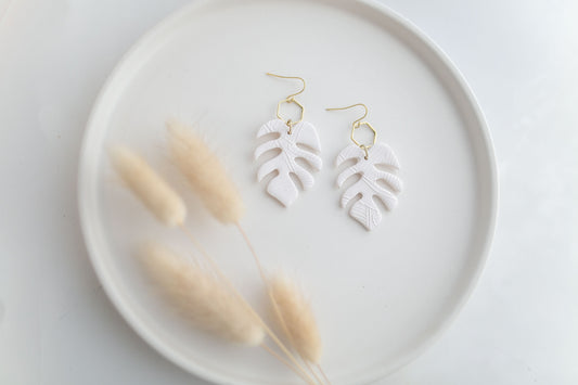 Clay earring | white monstera dangles | spring collection