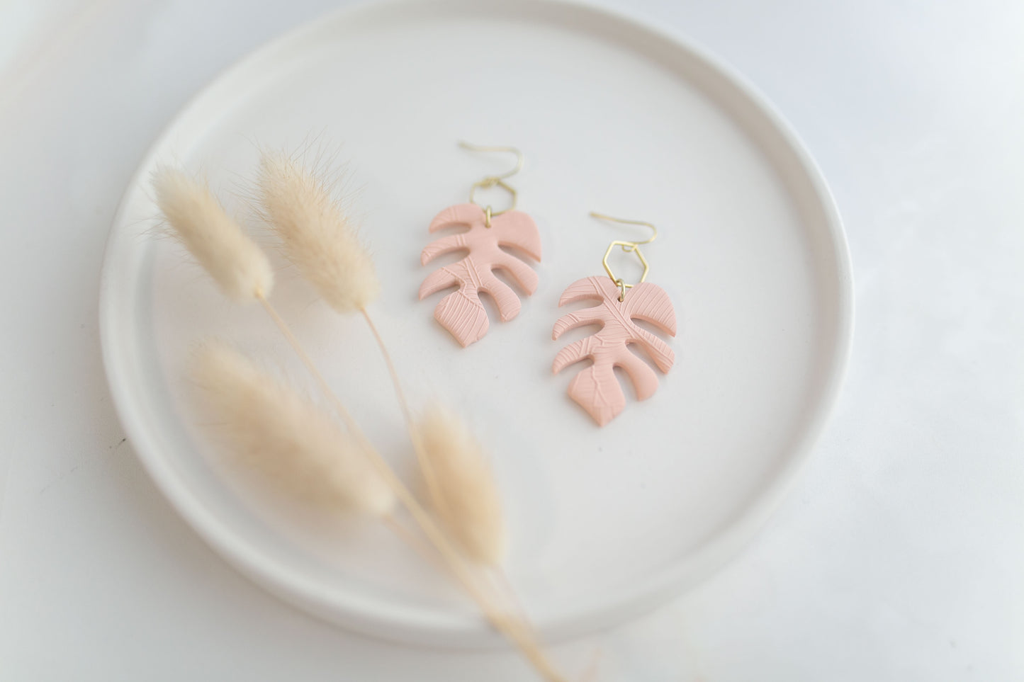 Clay earring | peach monstera dangles | spring collection