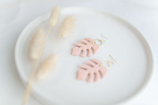 Clay earring | peach monstera dangles | spring collection