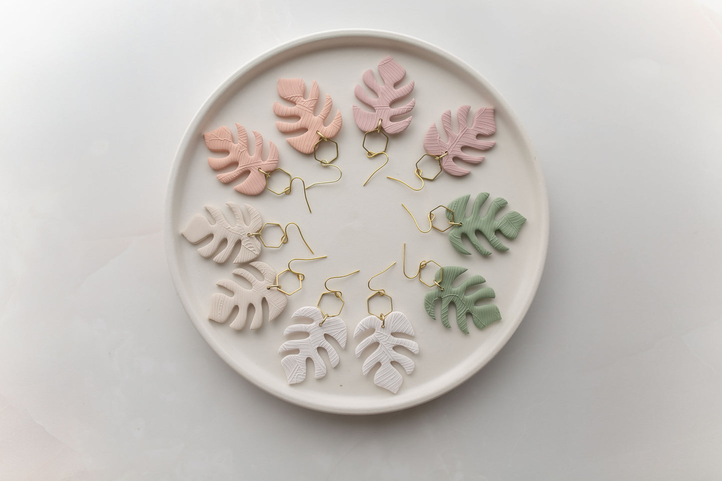 Clay earring | blush monstera dangles | spring collection