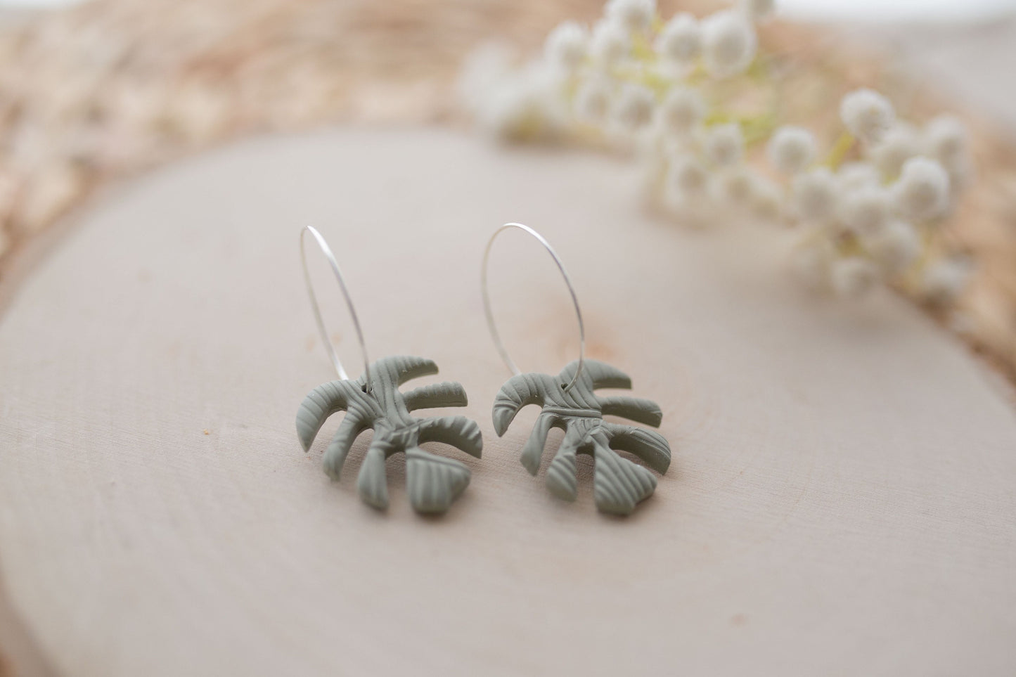 Clay earrings | sage green monstera