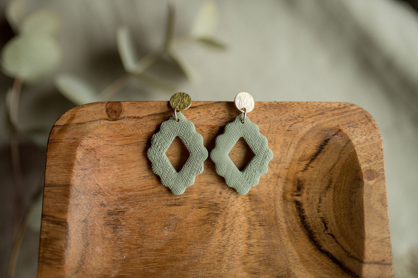 Clay earring | sage green aztec