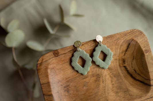 Clay earring | sage green aztec