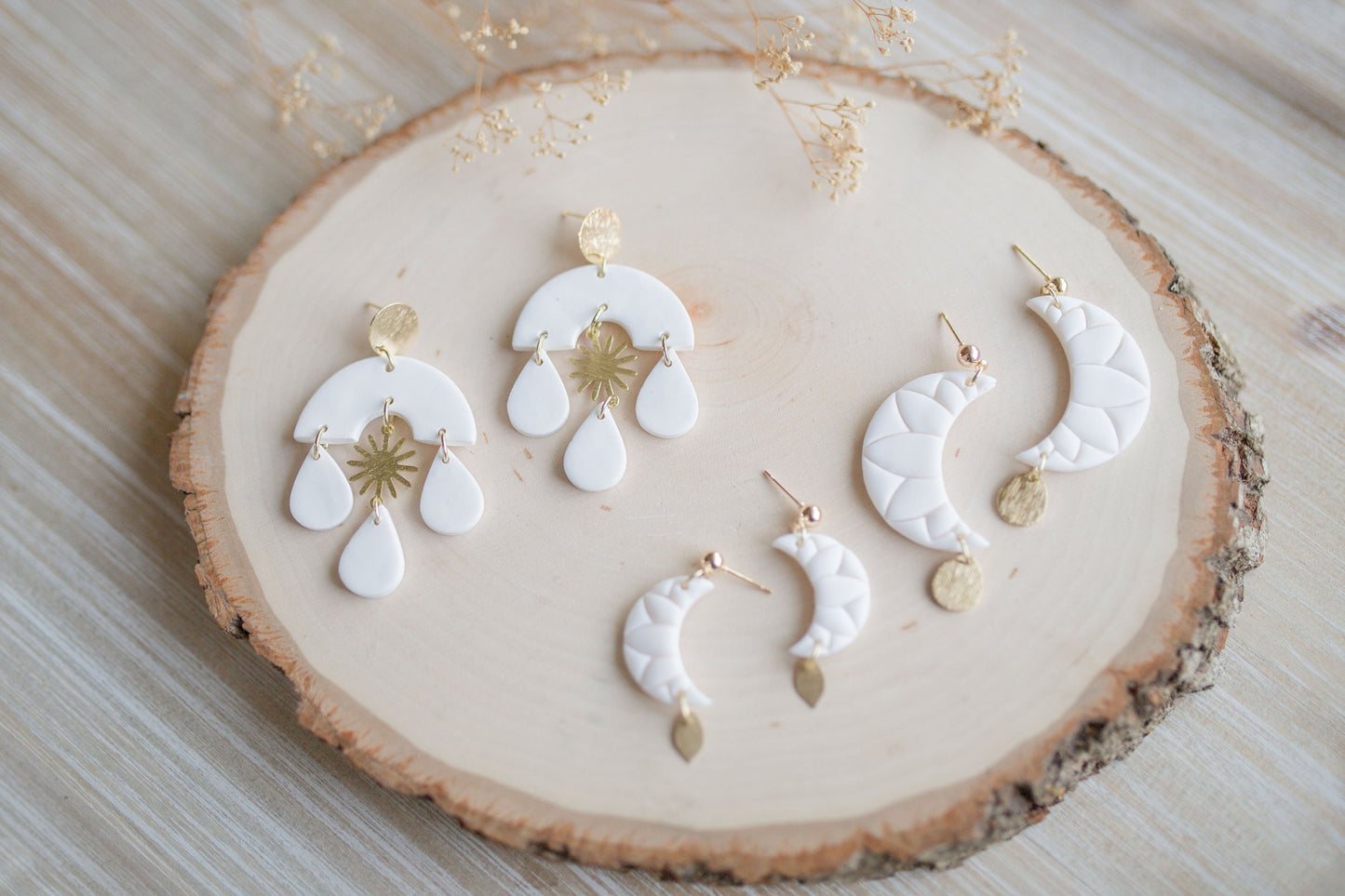 Clay earrings | large white moon