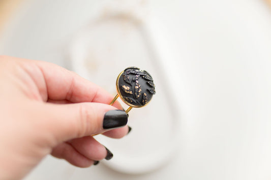 Clay bracelet | black & gold floral