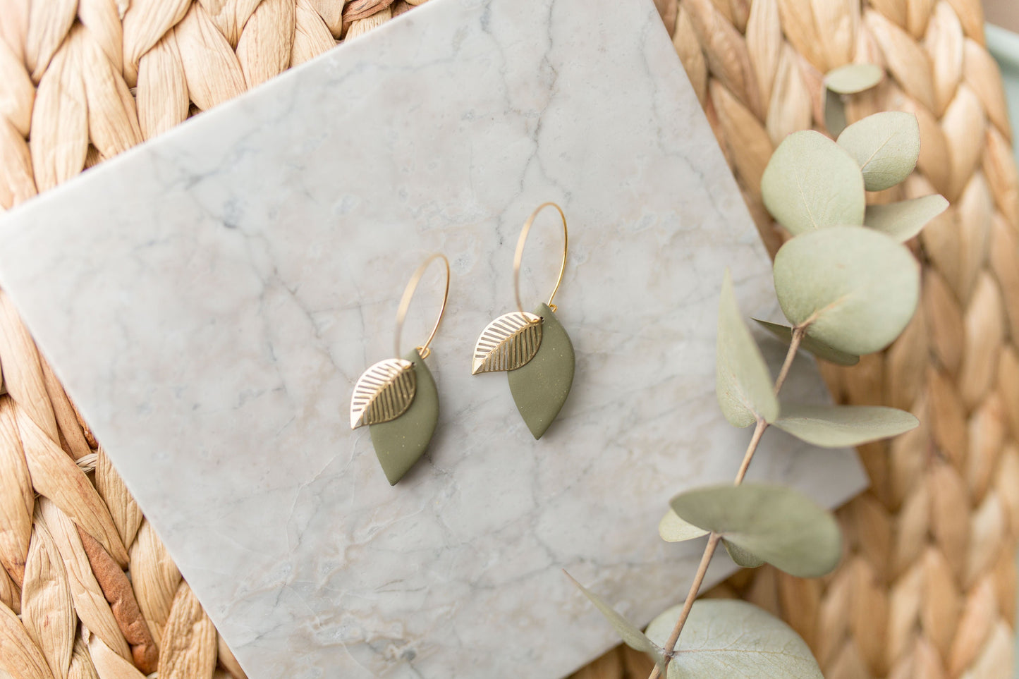 Clay earring | sage green leaves