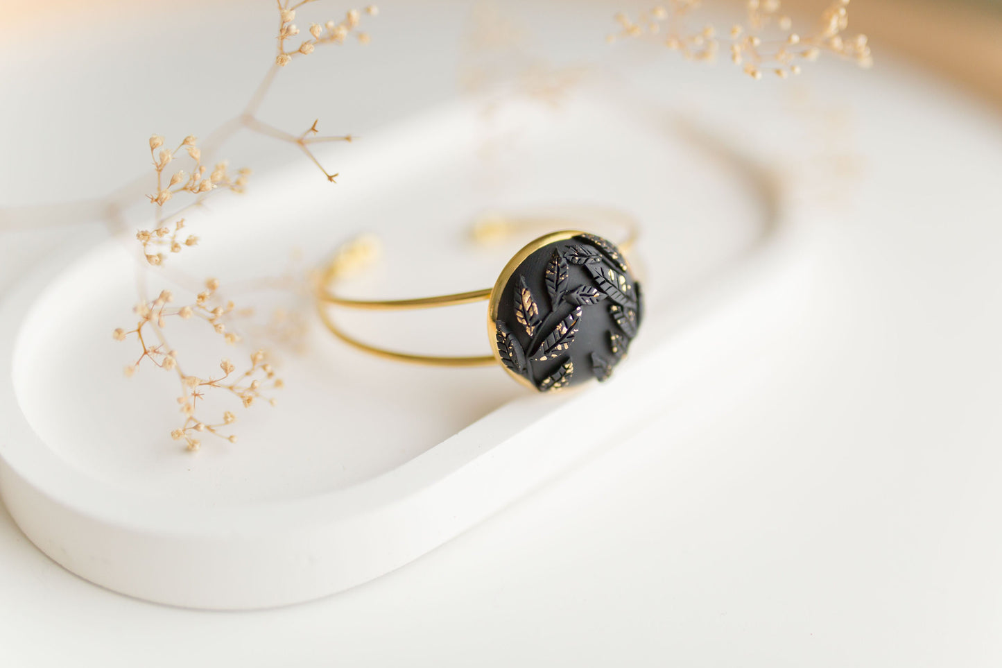 Clay bracelet | black & gold floral