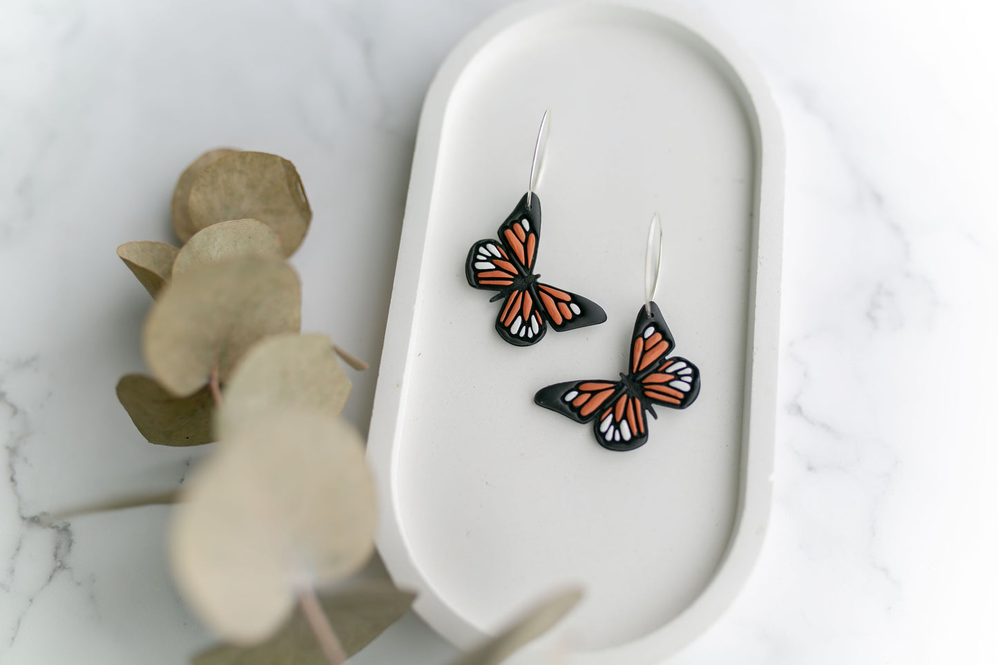 Clay earrings | monarch butterfly hoops